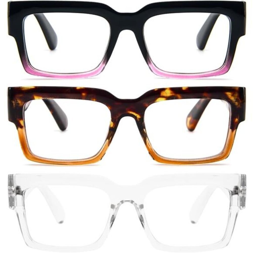 3-Pack Oversized Readers Trendy Thick Frames in Clear, Tortoise, and Black Ombre